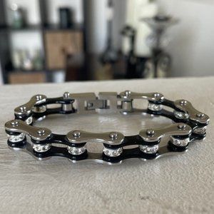 Women's Black & Stainless Motorcycle Chain Bracelet with Crystal Rondelle